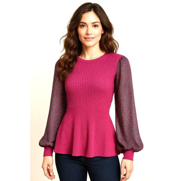 89th Madison NWT Medium Sheer Magenta Haze Knit Peplum Top Mesh Balloon Sleeves - Picture 3 of 12